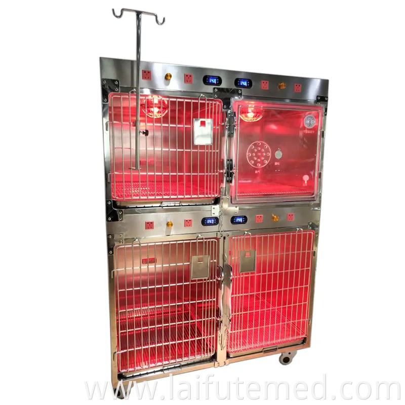 Animal Vet Pet Hospital Clinic Dog Cat Stainless Steel Veterinary Therapy Oxygen Infrared Warm Heated Cage with IV Pole